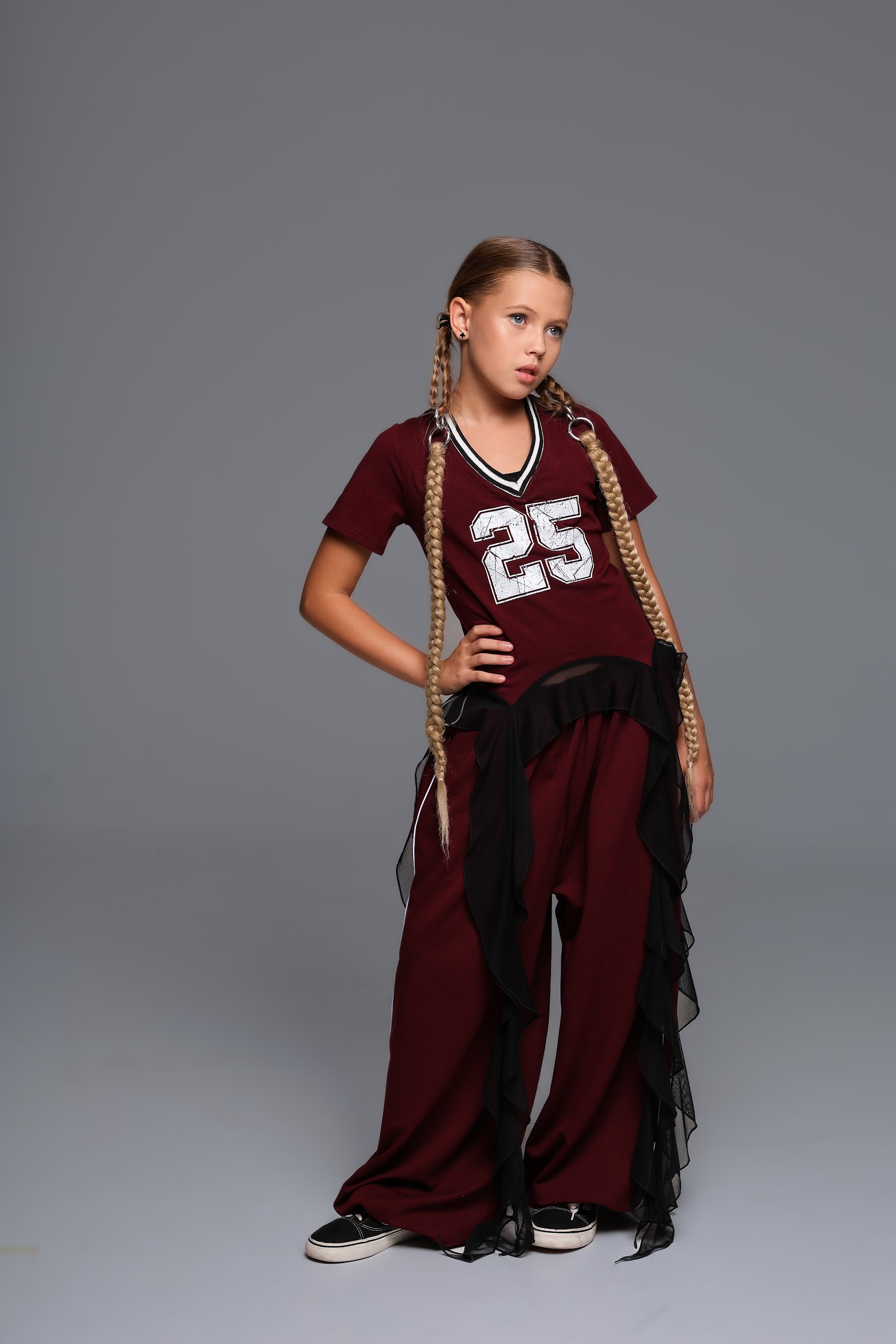 Танцювальні штани для дівчинки CHU STAGE бордові (палаццо оверсайз з кантом) - Зображення 5