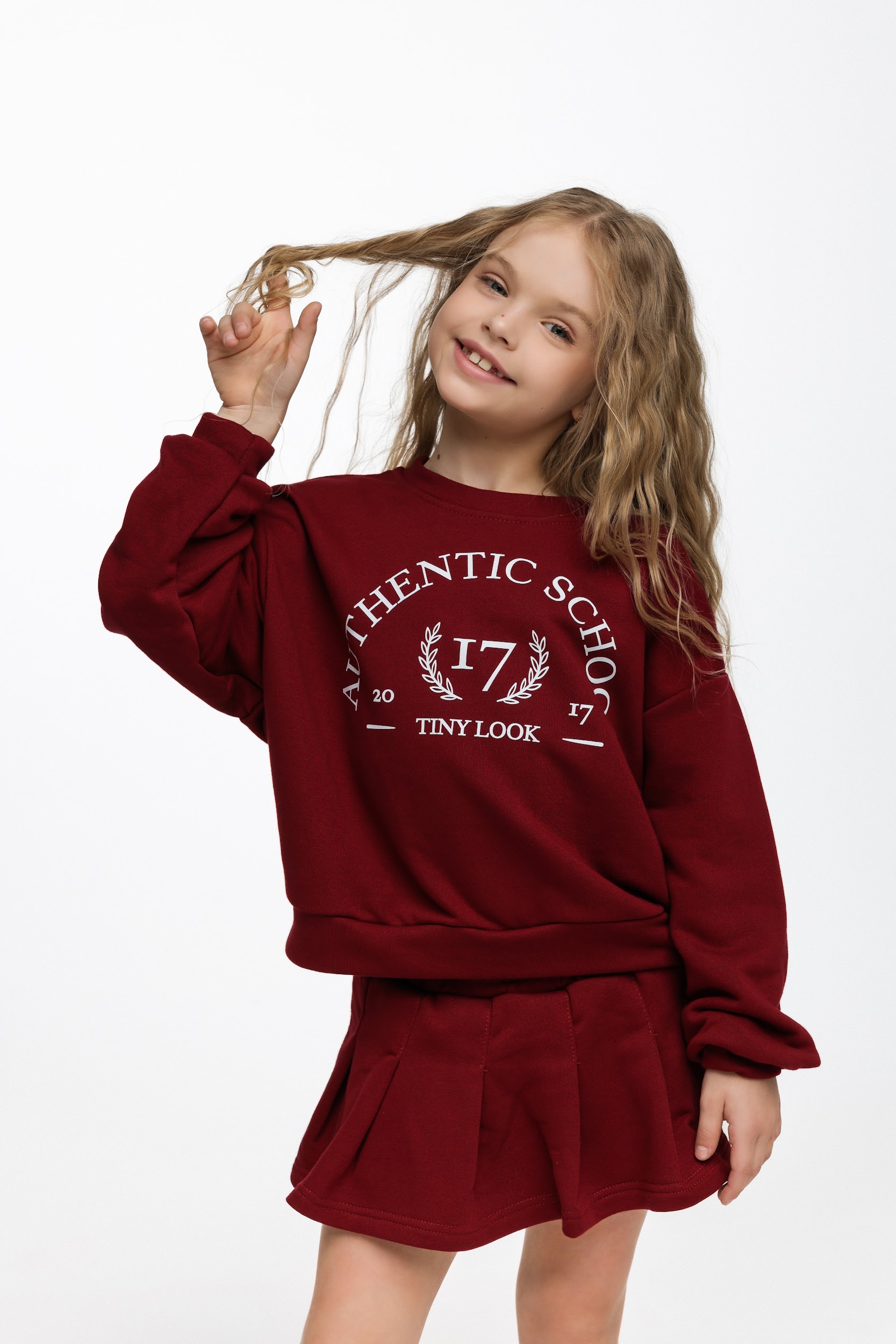 Трикотажний костюм для дівчинки підлітковий TINY LOOK вишневий (світшот та спідниця-шорти) - Зображення 6