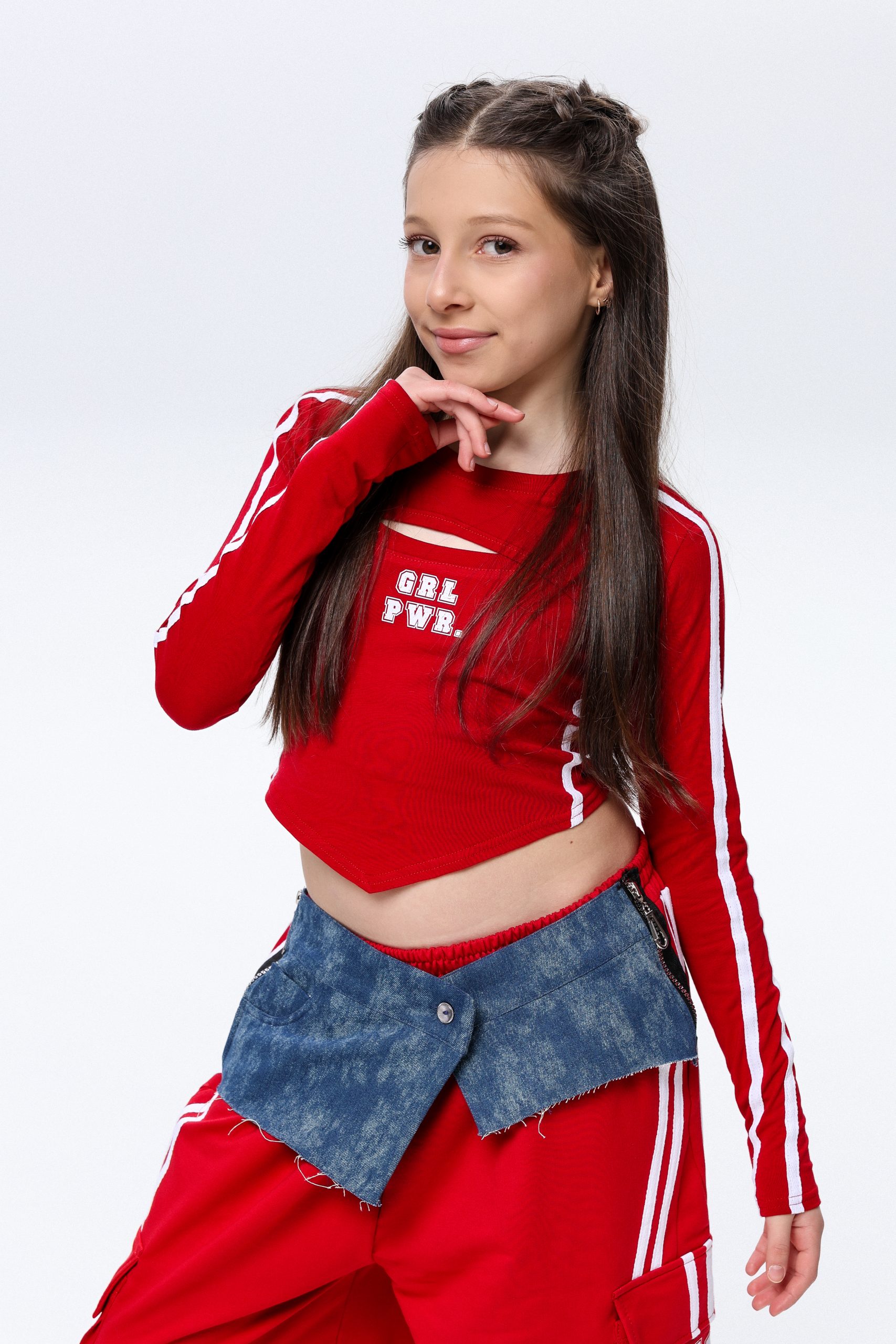 Костюм для танців CHU STAGE з джинсовою баскою та топом червоний - Зображення 11