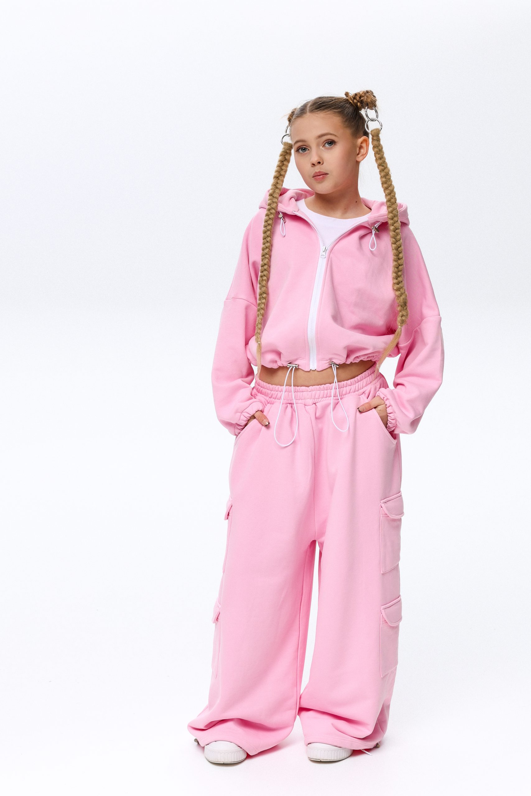 Спортивний костюм для дівчинки TINY LOOK рожевий (худі оверсайз та широкі штани карго)