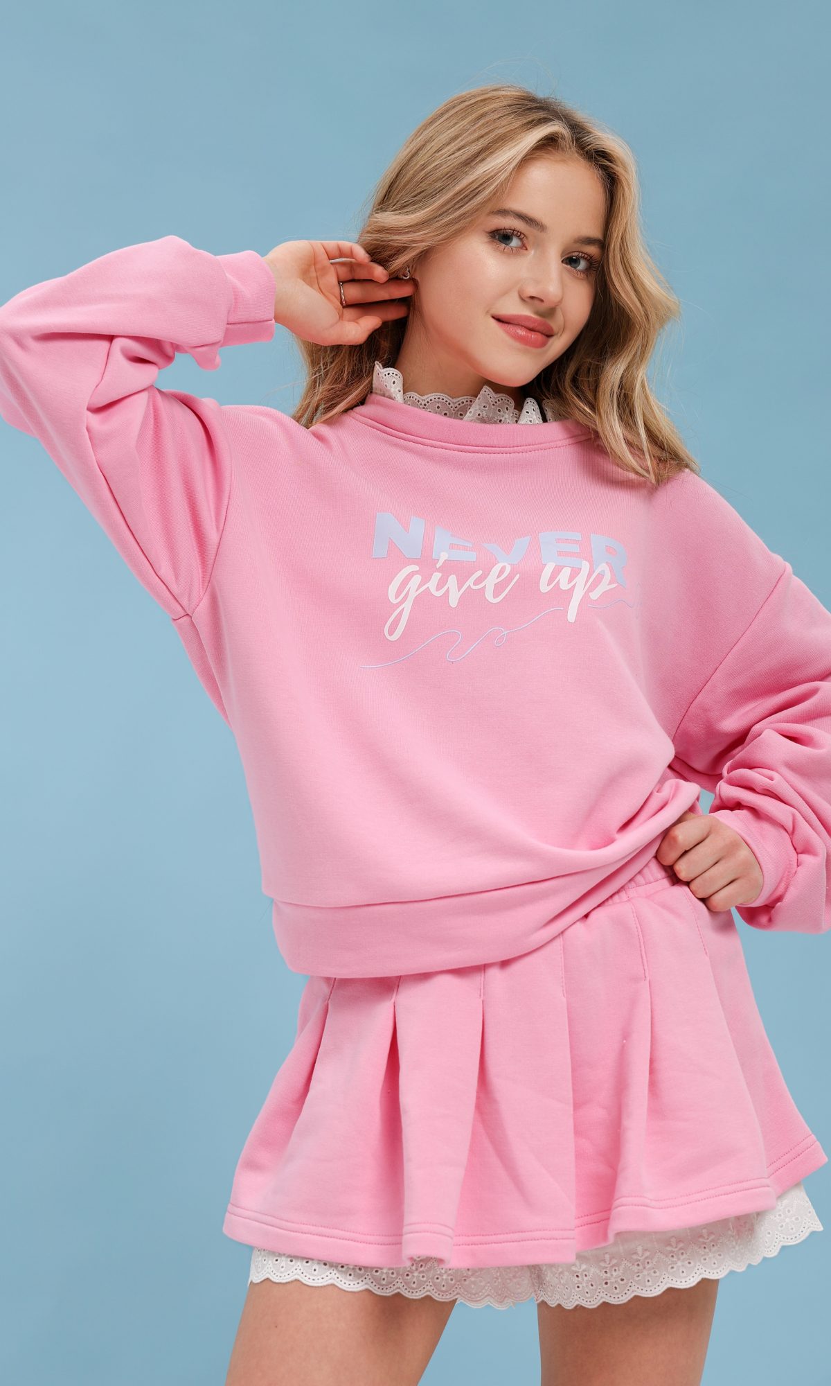 Підлітковий трикотажний костюм TINY LOOK зі спідницею та мереживом рожевий