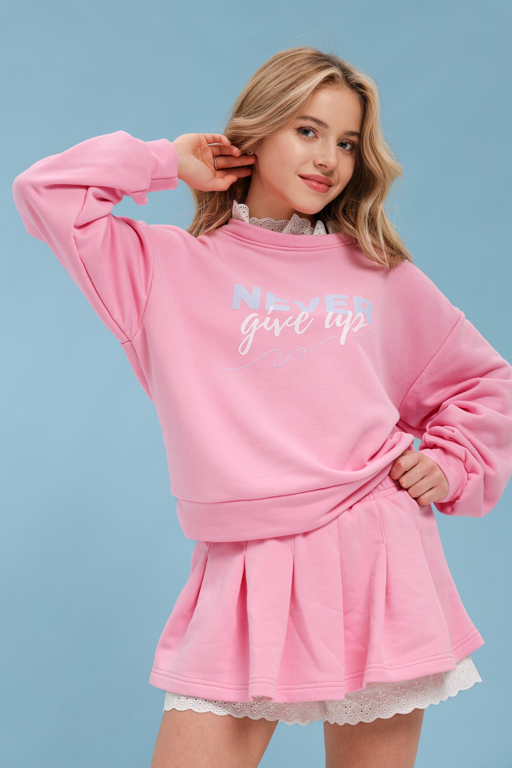 Підлітковий трикотажний костюм TINY LOOK зі спідницею та мереживом рожевий
