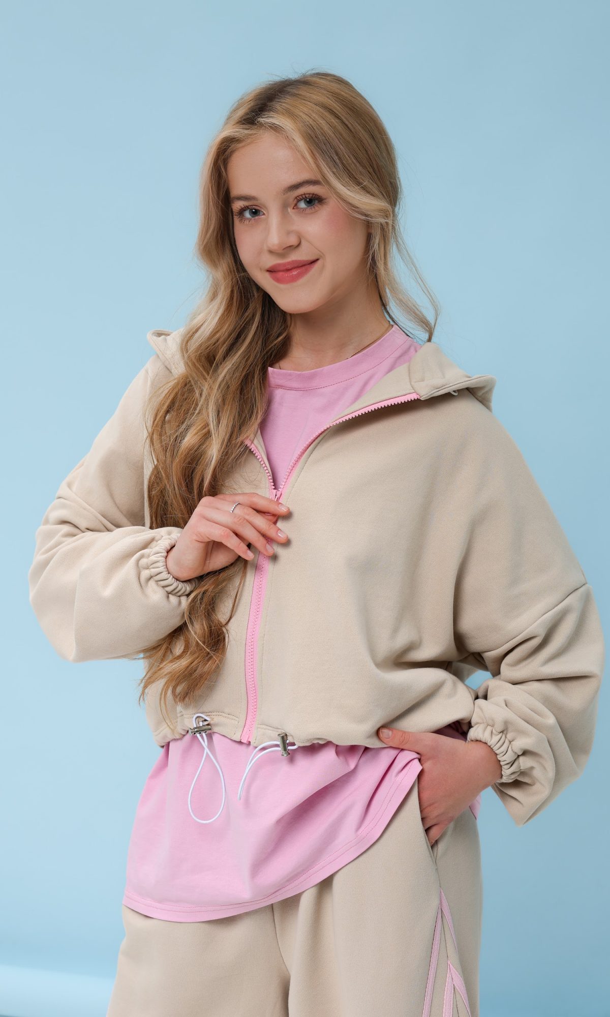Худі підліткове оверсайз TINY LOOK на застібці з утяжками бежеве