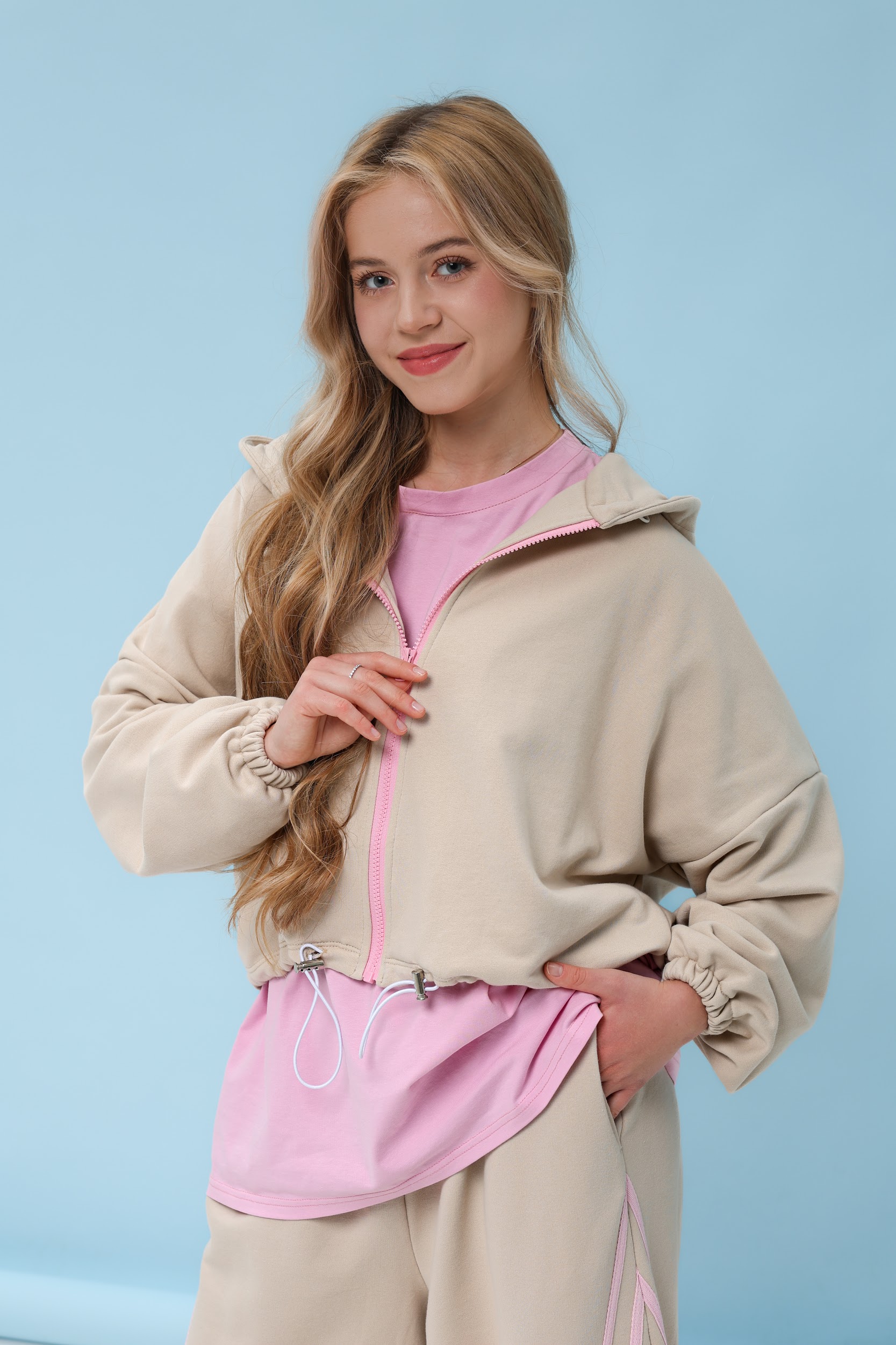 Худі підліткове оверсайз TINY LOOK на застібці з утяжками бежеве