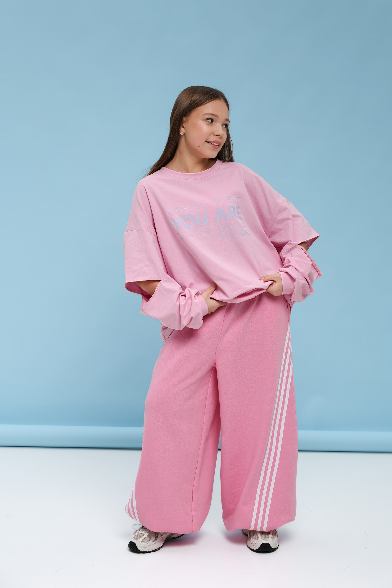 Штани широкі підліткові TINY LOOK з V-подібним кантом рожеві - Зображення 5