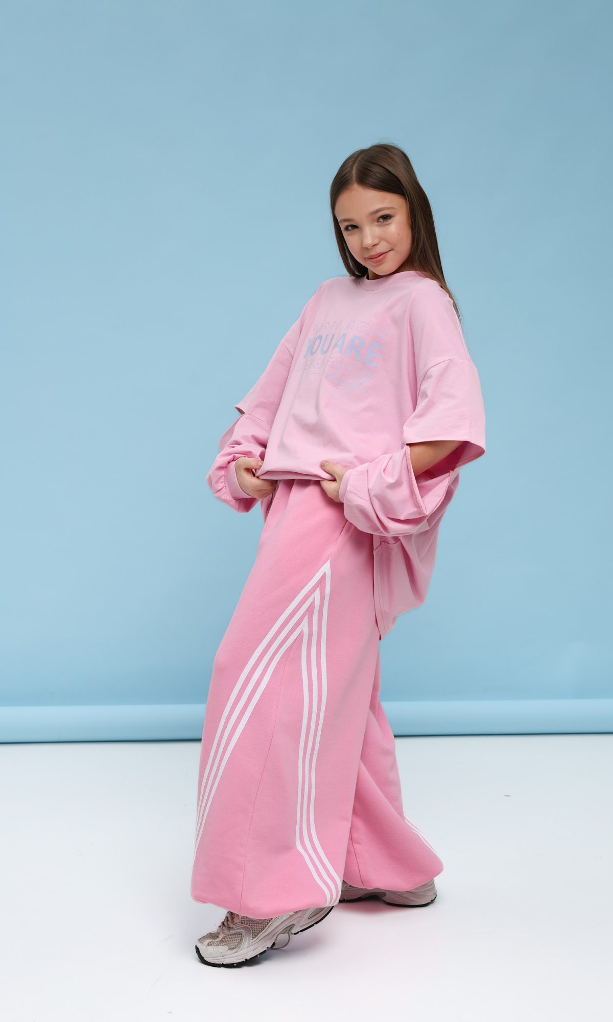 Штани широкі підліткові TINY LOOK з V-подібним кантом рожеві