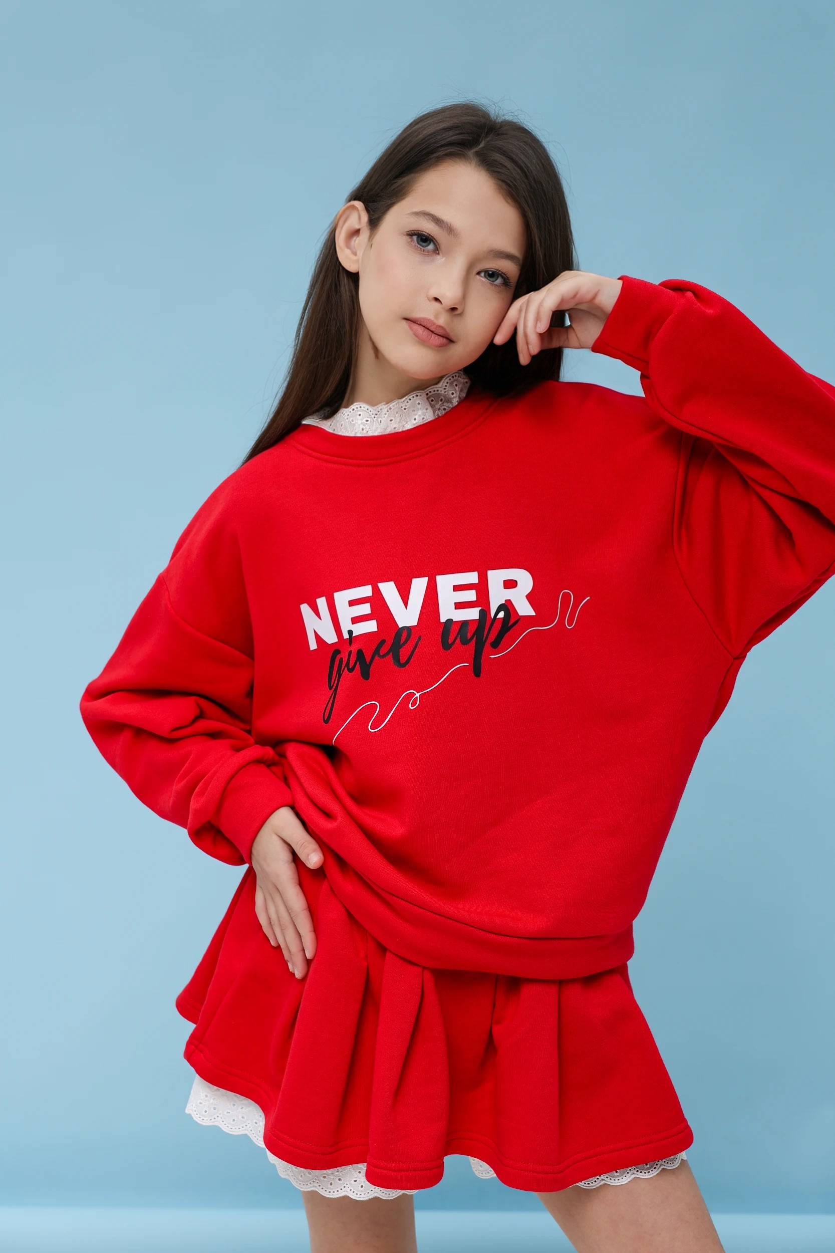 Підлітковий трикотажний костюм TINY LOOK зі спідницею та мереживом червоний