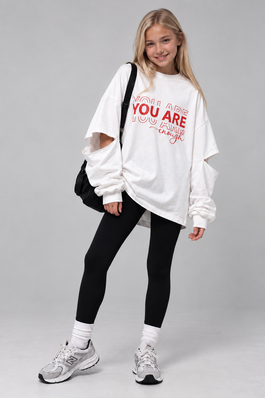 Лонгслів подовжений оверсайз TINY LOOK You Are Enough з розрізами на рукавах молочна