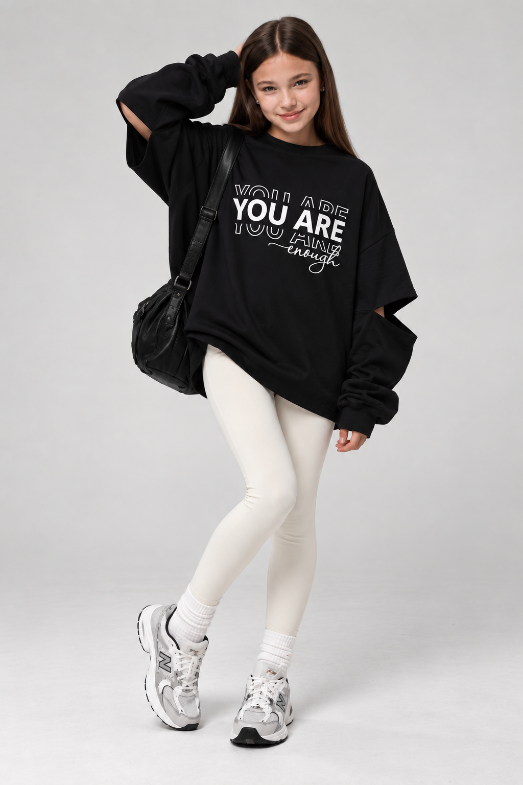 Лонгслів подовжений оверсайз TINY LOOK You Are Enough з розрізами на рукавах чорний